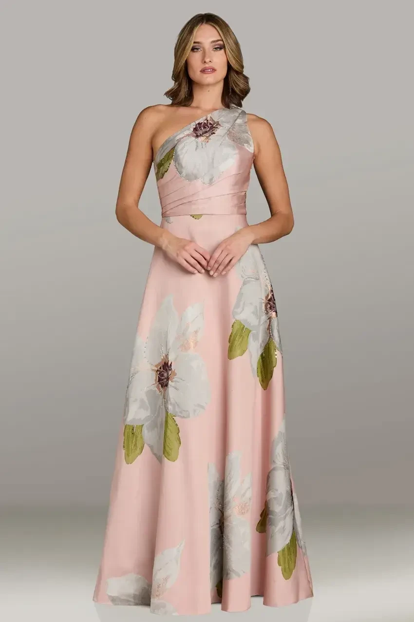 Model is wearing a long A-line Mikado gown with a one-shoulder neckline, sleeveless design, and subtle floral details.
